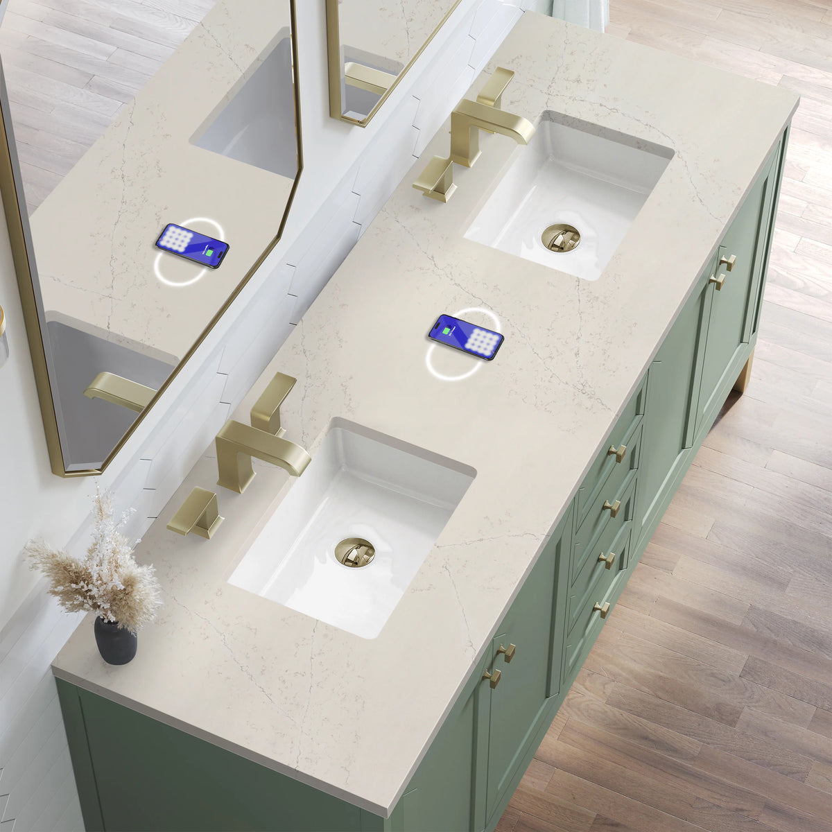 Chicago 72" Double Vanity, Smokey Celadon, w/ 3 CM Siberian Silestone Top w/FreePower Wireless Charger, view 9