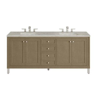 Chicago 72" Double Vanity, Walnut Whisper, w/ 3 CM Victorian Silver Silestone® Top