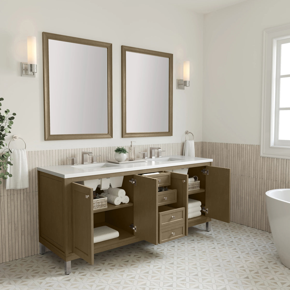 Chicago 72" Double Vanity, Walnut Whisper, w/ 3 CM White Zeus Silestone® Top, view 10
