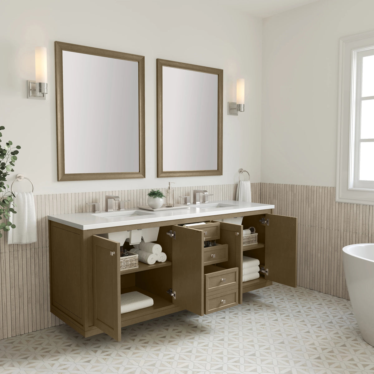 Chicago 72" Double Vanity, Walnut Whisper, w/ 3 CM White Zeus Silestone® Top, view 11