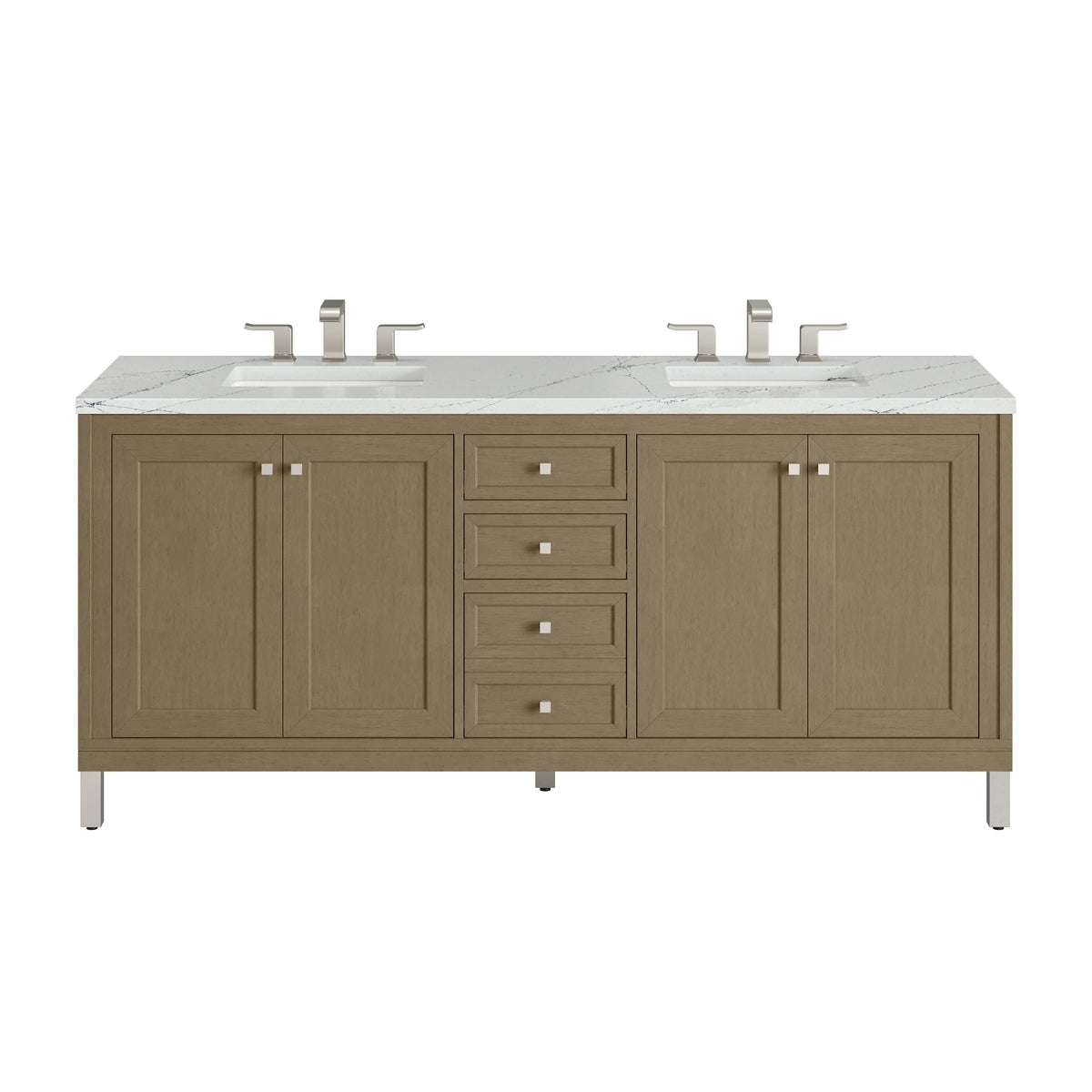 Chicago 72" Double Vanity, Walnut Whisper, w/ 3 CM Ethereal Noctis Silestone Top w/ FreePower Wireless Charger