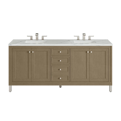 Chicago 72" Double Vanity, Walnut Whisper, w/ 3 CM Ethereal Noctis Silestone Top w/ FreePower Wireless Charger
