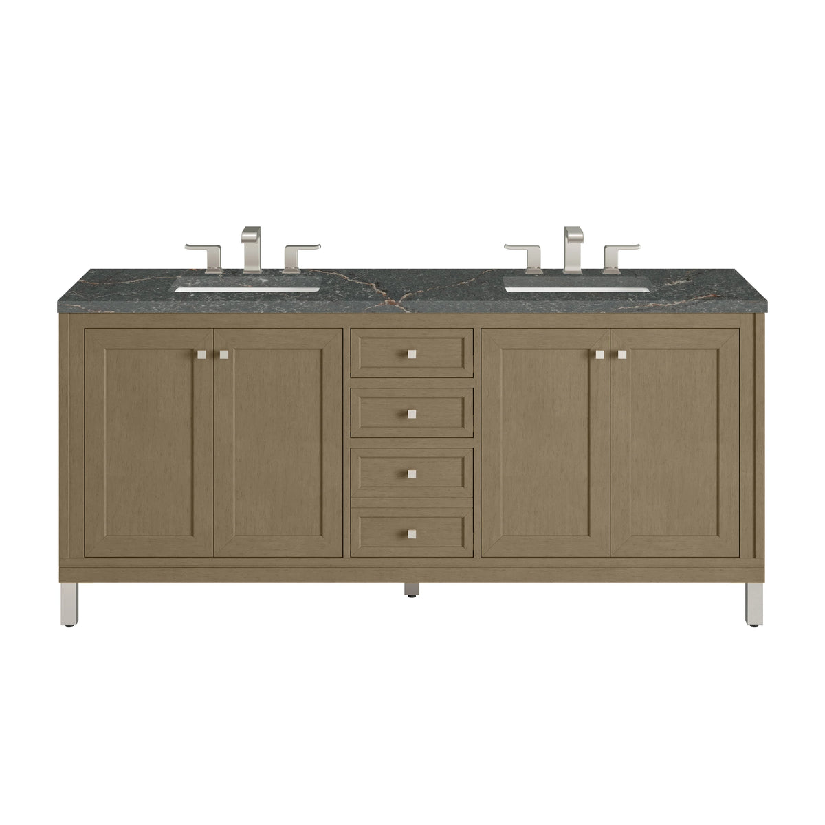 Chicago 72" Double Vanity, Walnut Whisper, w/ 3 CM Parisien Bleu Silestone® Top w/FreePower Wireless Charger