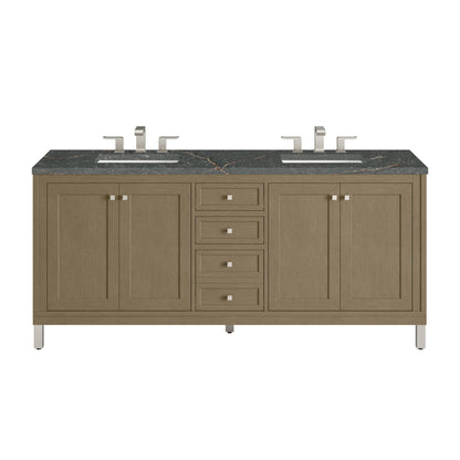 Chicago 72" Double Vanity, Walnut Whisper, w/ 3 CM Parisien Bleu Silestone® Top w/FreePower Wireless Charger