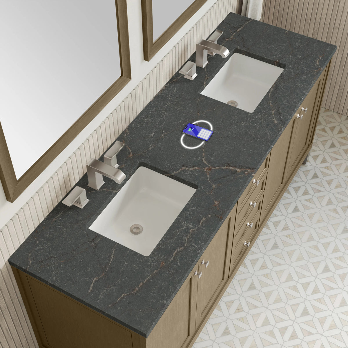 Chicago 72" Double Vanity, Walnut Whisper, w/ 3 CM Parisien Bleu Silestone® Top w/FreePower Wireless Charger, view 11