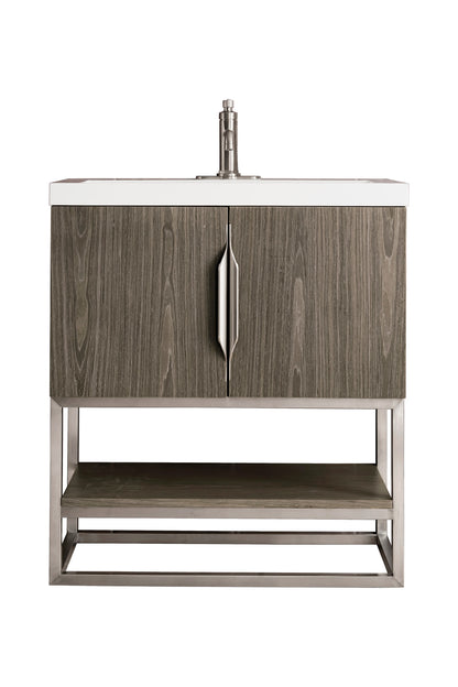 Renovate for Less Atlanta Columbia 31.5" Single Vanity, Ash Gray, Brushed Nickel, w/ White Glossy Composite Stone Top