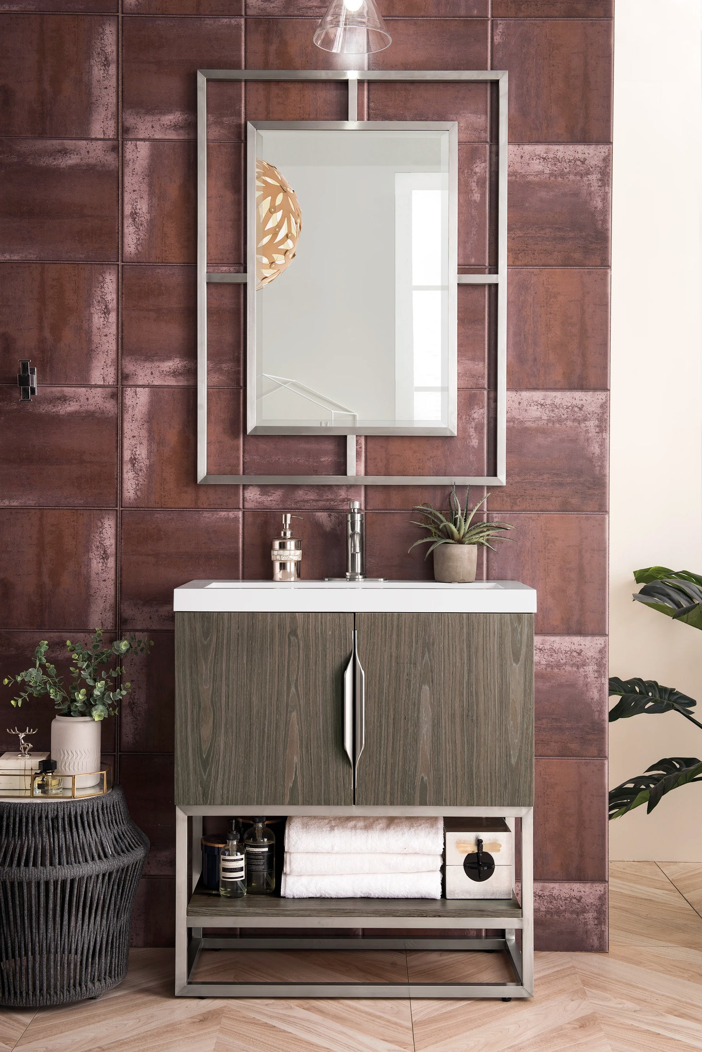 Renovate for Less Atlanta Columbia 31.5" Single Vanity, Ash Gray, Brushed Nickel, w/ White Glossy Composite Stone Top, view 2