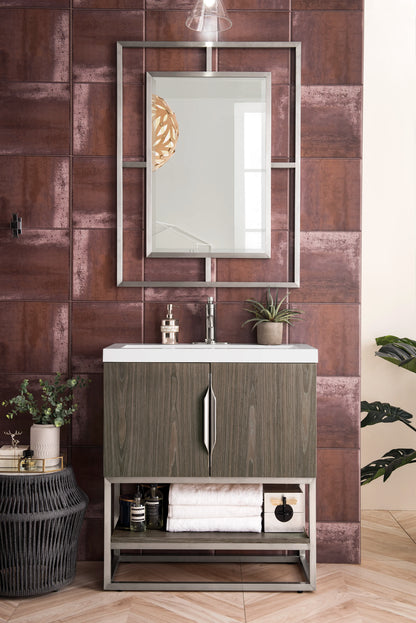 Renovate for Less Atlanta Columbia 31.5" Single Vanity, Ash Gray, Brushed Nickel, w/ White Glossy Composite Stone Top, view 2