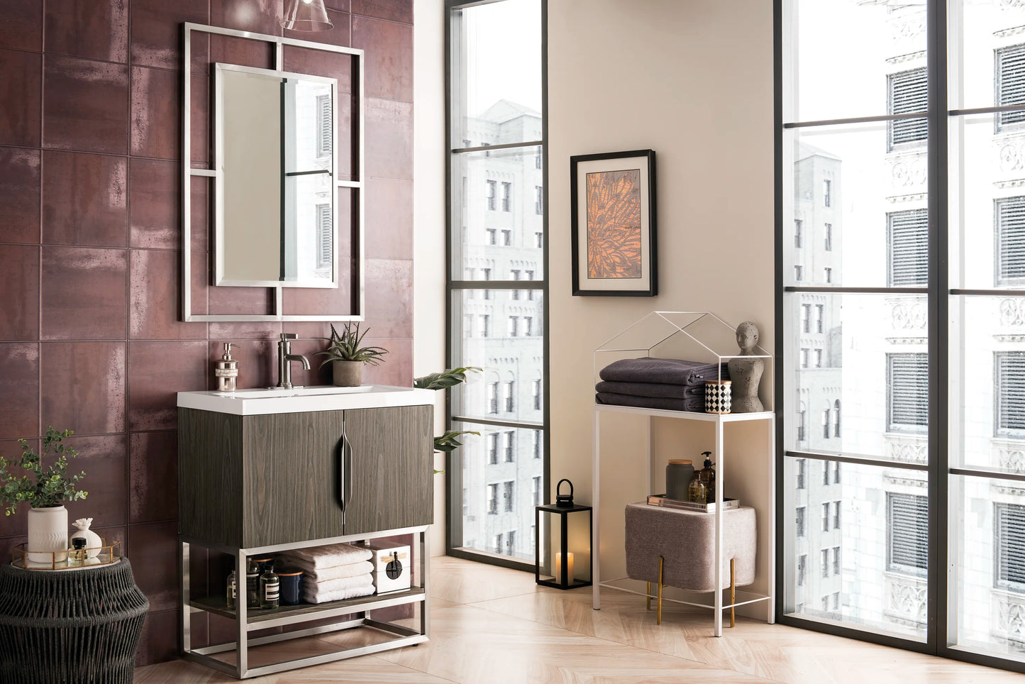 Renovate for Less Atlanta Columbia 31.5" Single Vanity, Ash Gray, Brushed Nickel, w/ White Glossy Composite Stone Top, view 3