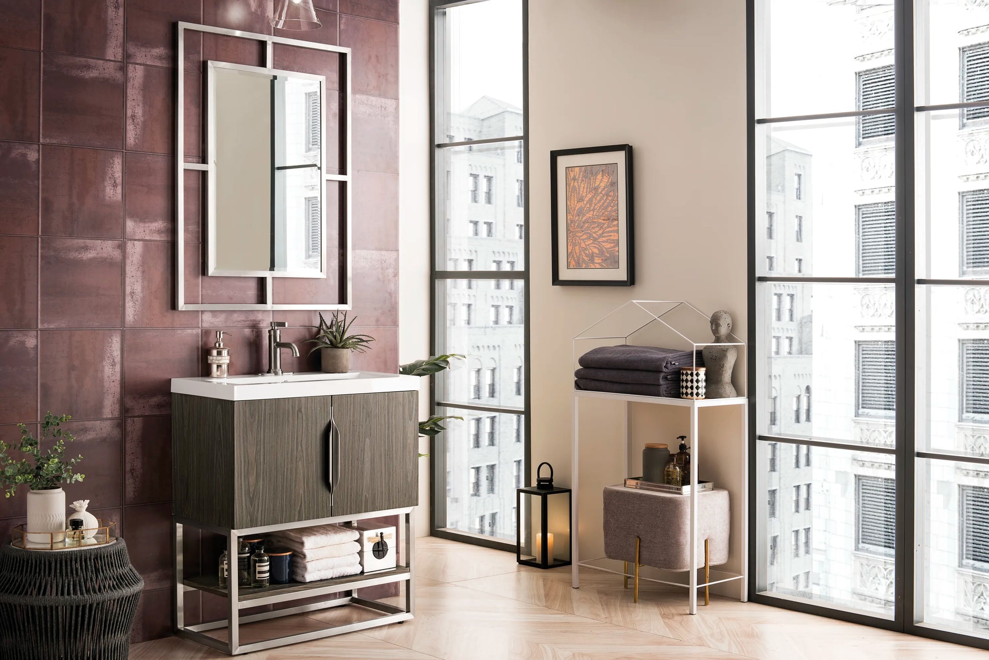 Renovate for Less Atlanta Columbia 31.5" Single Vanity, Ash Gray, Brushed Nickel, w/ White Glossy Composite Stone Top, view 3