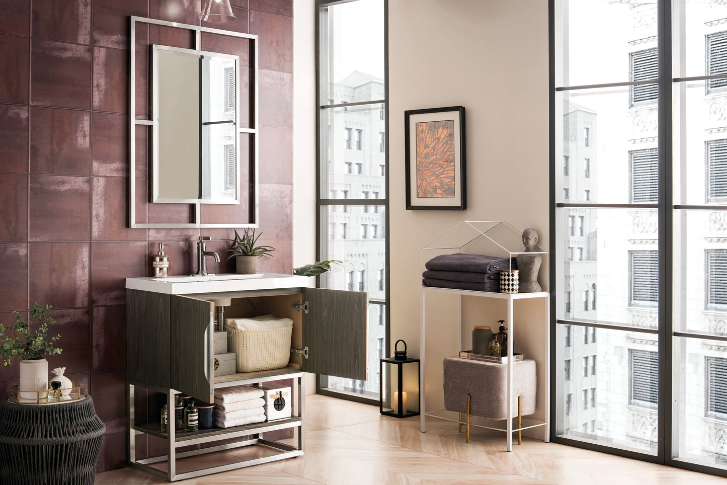Renovate for Less Atlanta Columbia 31.5" Single Vanity, Ash Gray, Brushed Nickel, w/ White Glossy Composite Stone Top, view 4