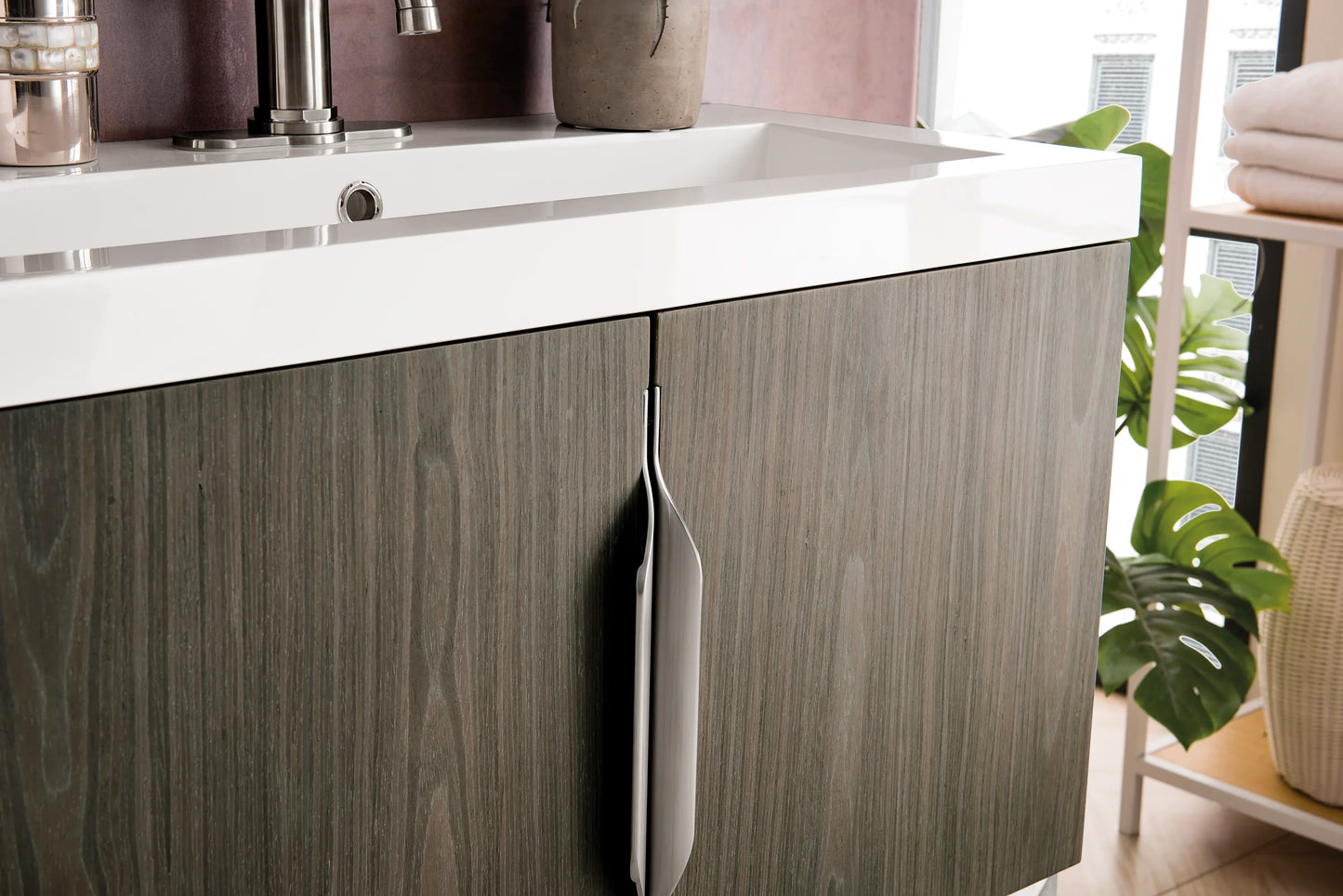 Renovate for Less Atlanta Columbia 31.5" Single Vanity, Ash Gray, Brushed Nickel, w/ White Glossy Composite Stone Top, view 5
