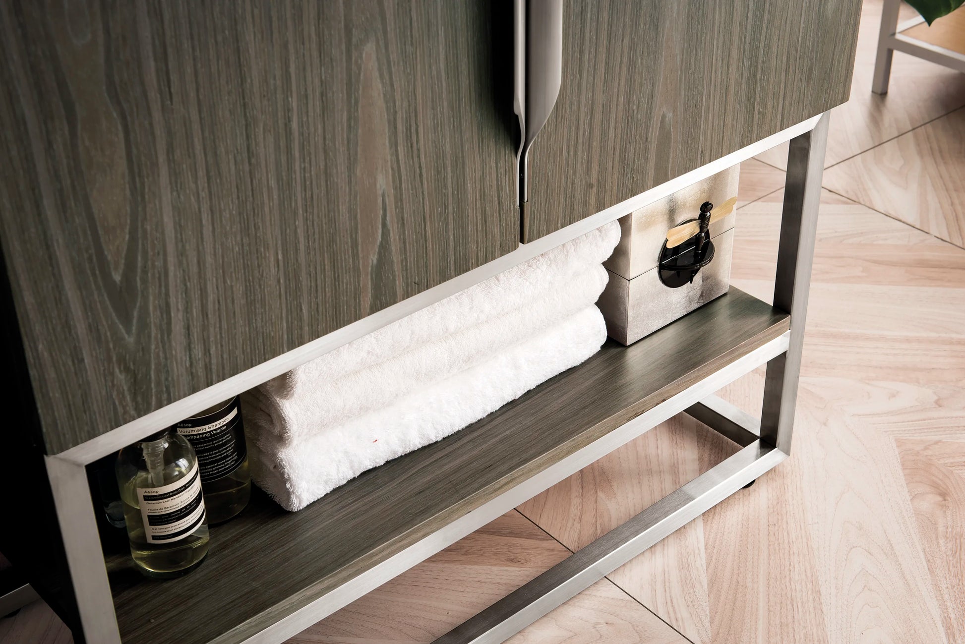 Renovate for Less Atlanta Columbia 31.5" Single Vanity, Ash Gray, Brushed Nickel, w/ White Glossy Composite Stone Top, view 6