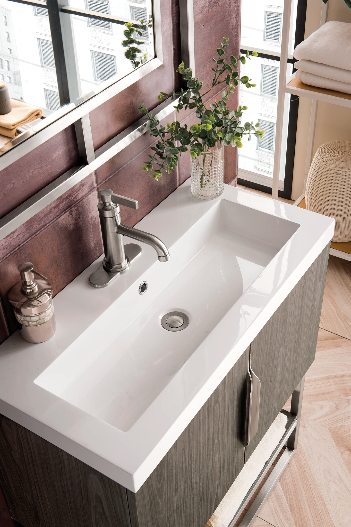 Renovate for Less Atlanta Columbia 31.5" Single Vanity, Ash Gray, Brushed Nickel, w/ White Glossy Composite Stone Top, view 7