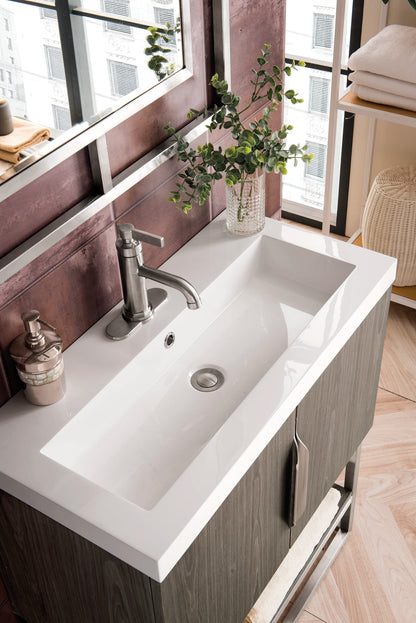 Renovate for Less Atlanta Columbia 31.5" Single Vanity, Ash Gray, Brushed Nickel, w/ White Glossy Composite Stone Top, view 7