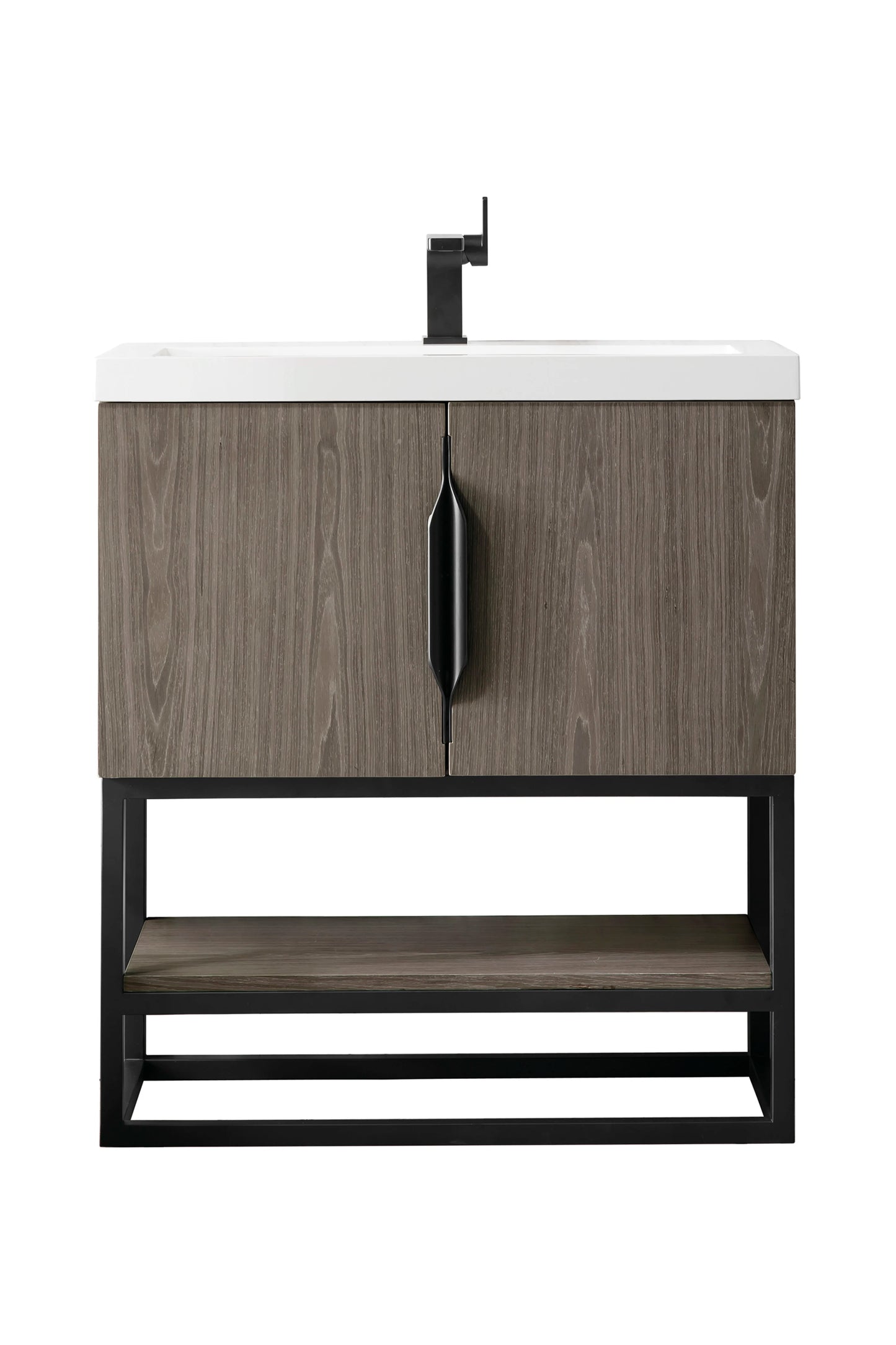 Renovate for Less Atlanta Columbia 31.5" Single Vanity, Ash Gray, Matte Black, w/ White Glossy Composite Stone Top