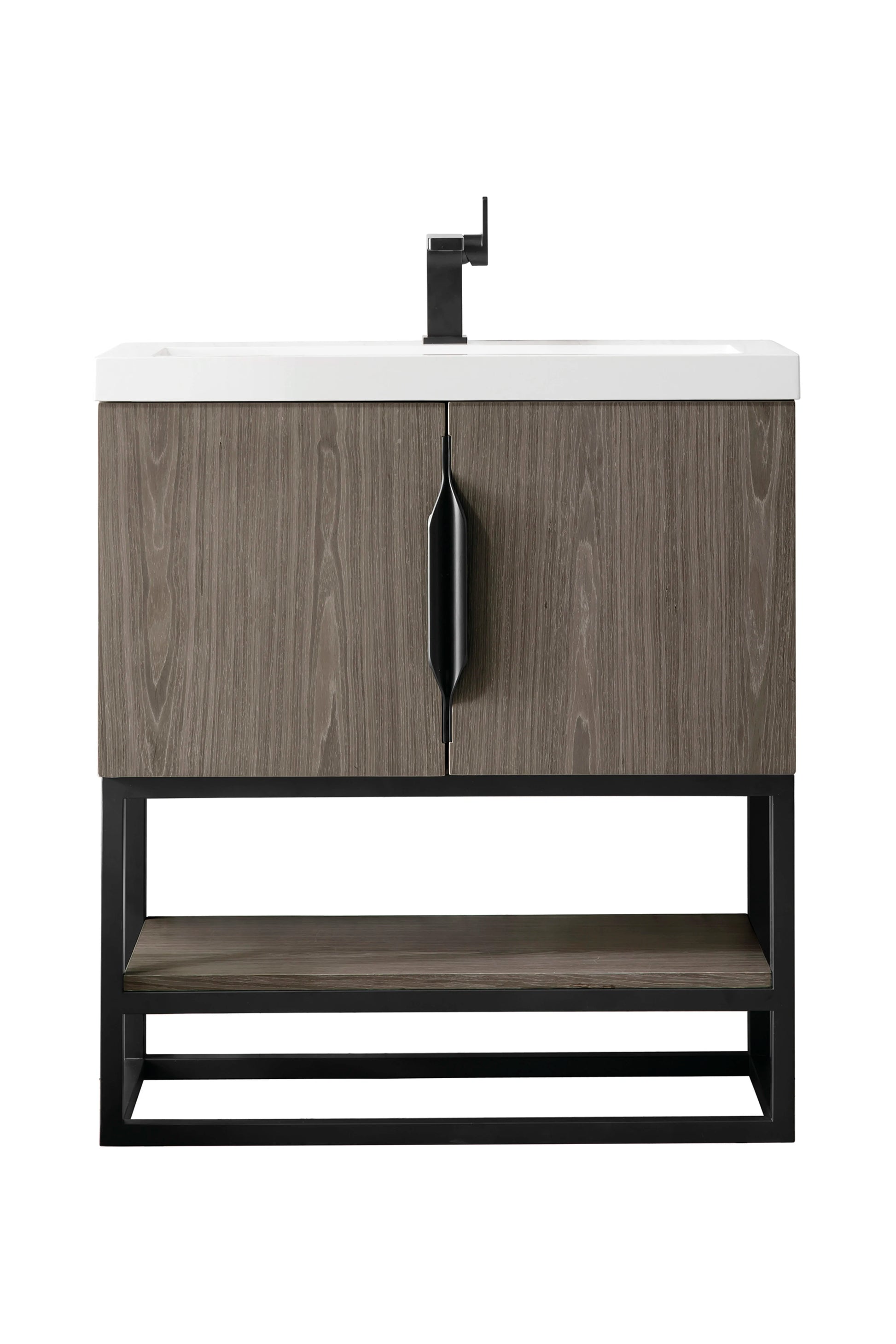 Renovate for Less Atlanta Columbia 31.5" Single Vanity, Ash Gray, Matte Black, w/ White Glossy Composite Stone Top