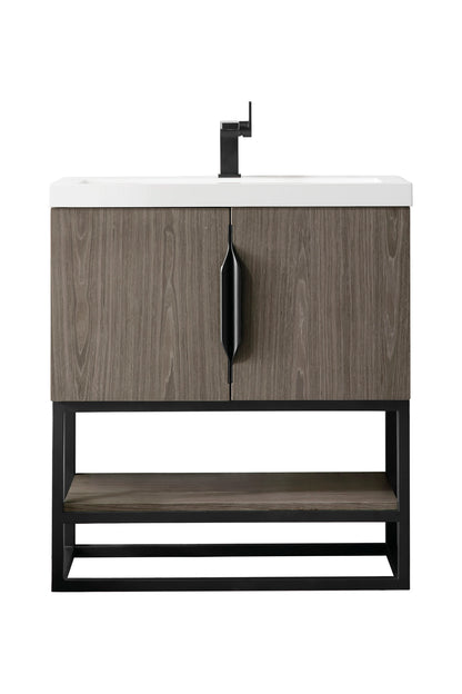 Renovate for Less Atlanta Columbia 31.5" Single Vanity, Ash Gray, Matte Black, w/ White Glossy Composite Stone Top