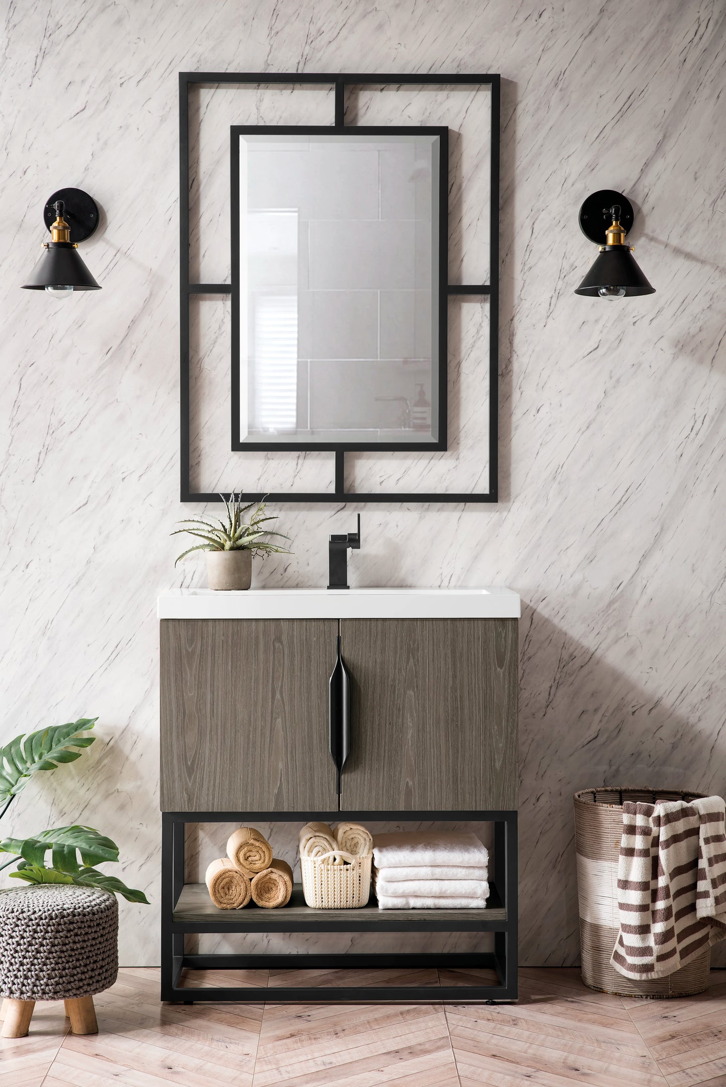 Renovate for Less Atlanta Columbia 31.5" Single Vanity, Ash Gray, Matte Black, w/ White Glossy Composite Stone Top, view 2