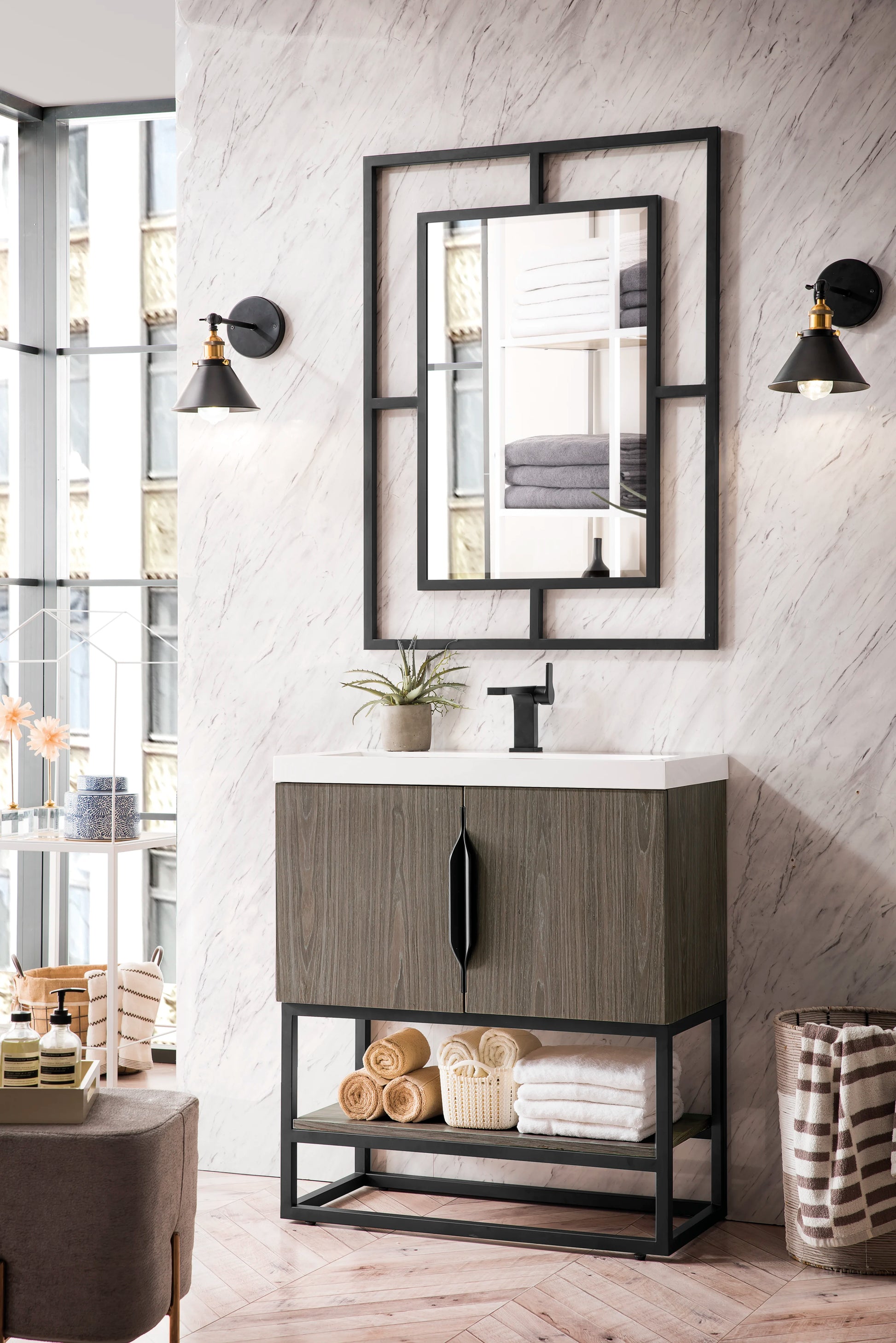 Renovate for Less Atlanta Columbia 31.5" Single Vanity, Ash Gray, Matte Black, w/ White Glossy Composite Stone Top, view 3