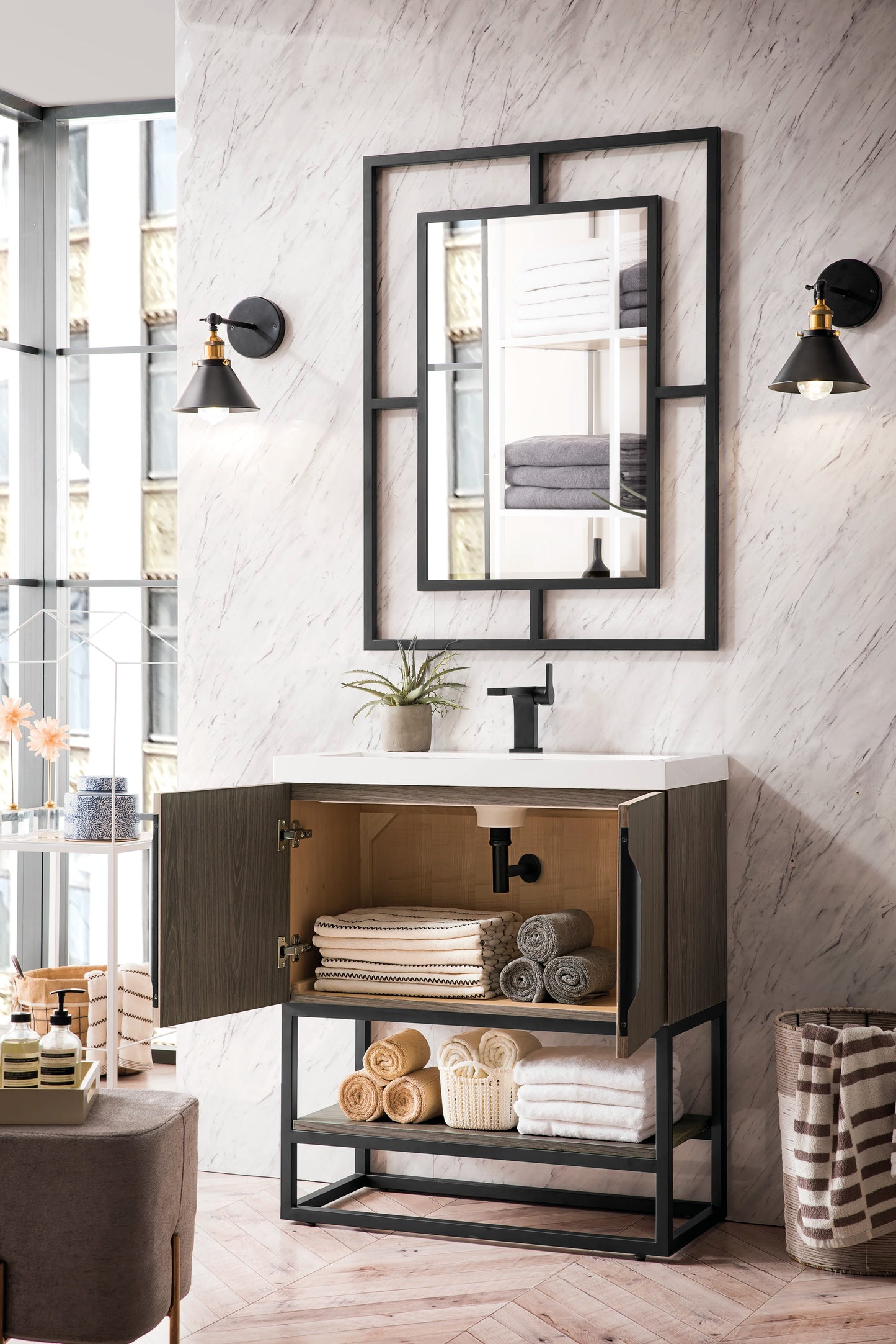 Renovate for Less Atlanta Columbia 31.5" Single Vanity, Ash Gray, Matte Black, w/ White Glossy Composite Stone Top, view 4