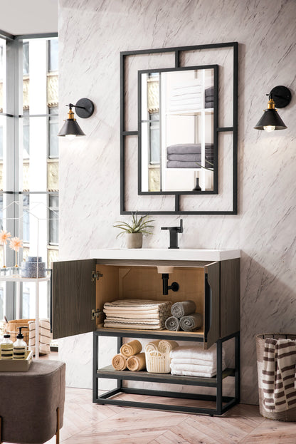 Renovate for Less Atlanta Columbia 31.5" Single Vanity, Ash Gray, Matte Black, w/ White Glossy Composite Stone Top, view 4