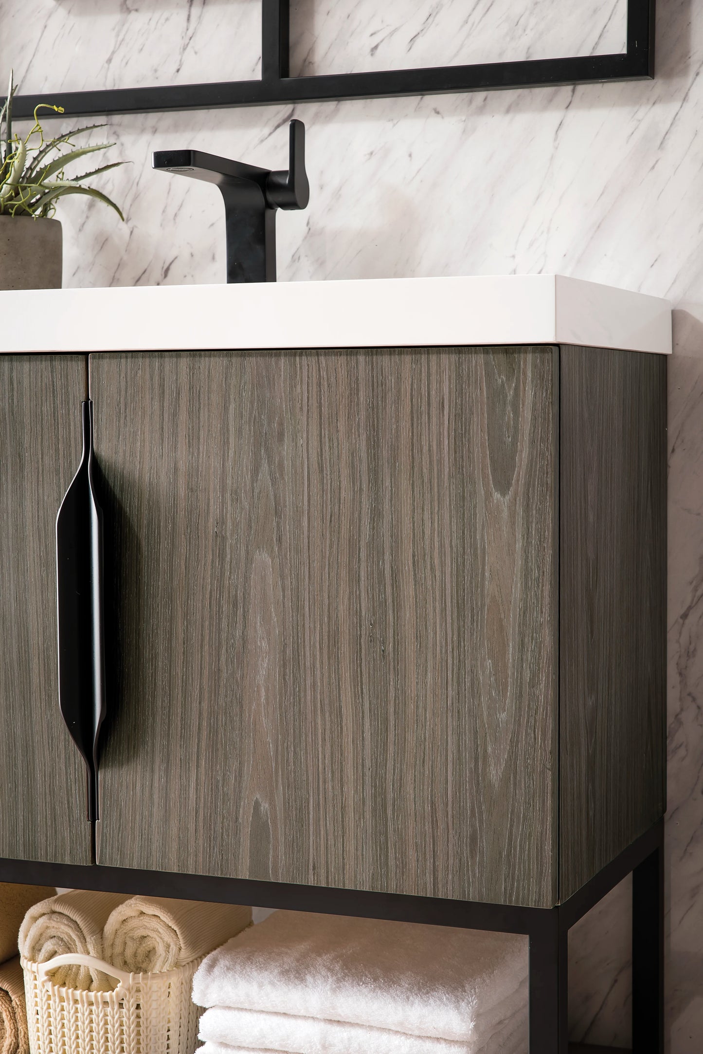 Renovate for Less Atlanta Columbia 31.5" Single Vanity, Ash Gray, Matte Black, w/ White Glossy Composite Stone Top, view 5
