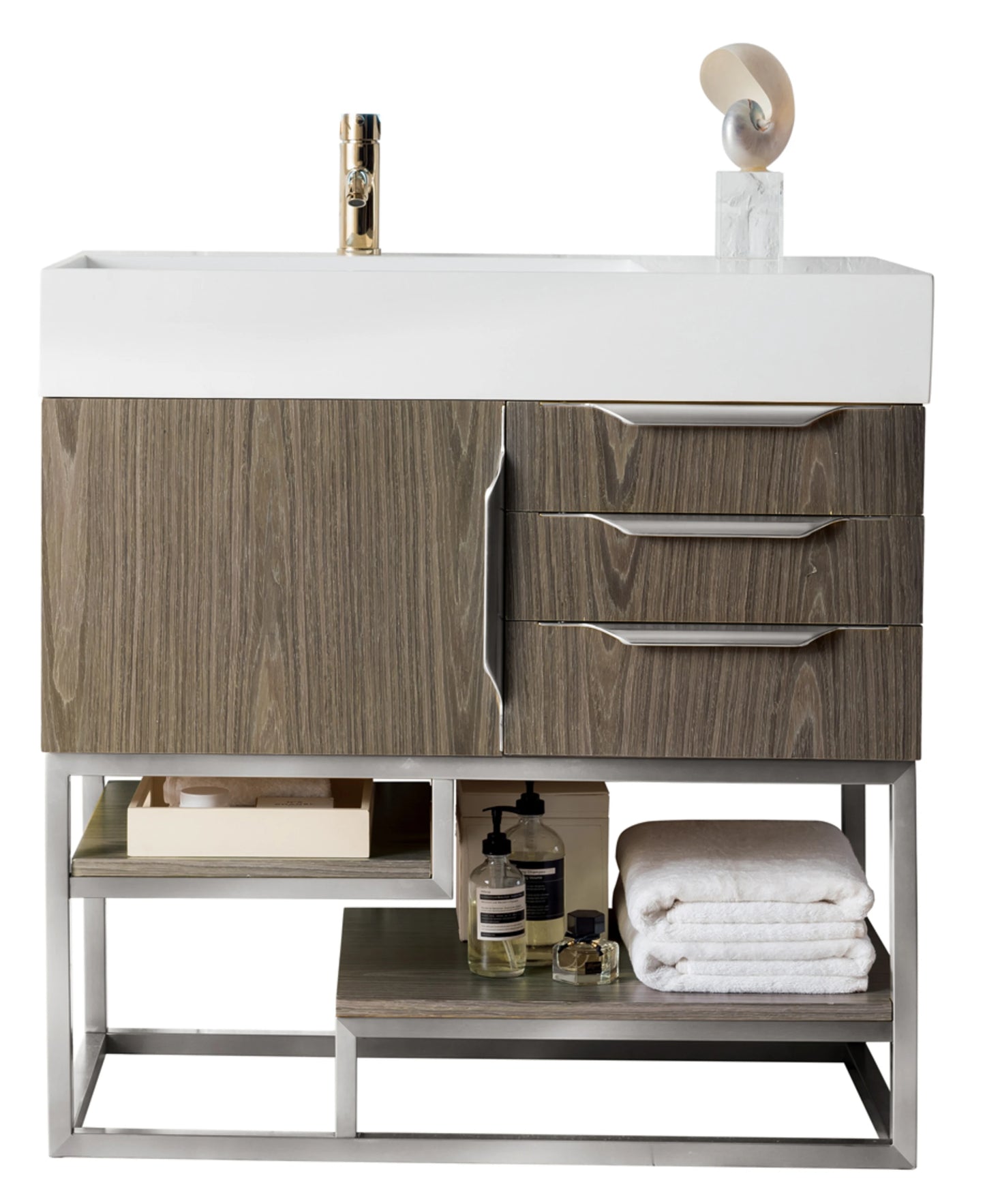 Renovate for Less Atlanta Columbia 36" Single Vanity, Ash Gray, Brushed Nickel w/ Glossy White Composite Stone Top