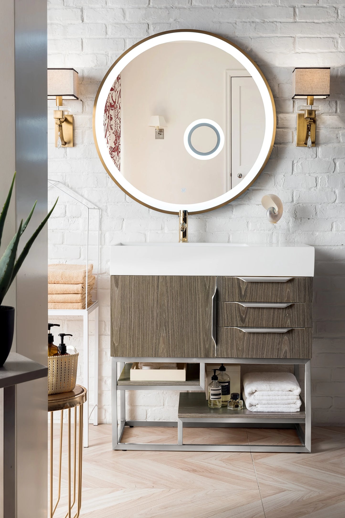 Renovate for Less Atlanta Columbia 36" Single Vanity, Ash Gray, Brushed Nickel w/ Glossy White Composite Stone Top, view 2