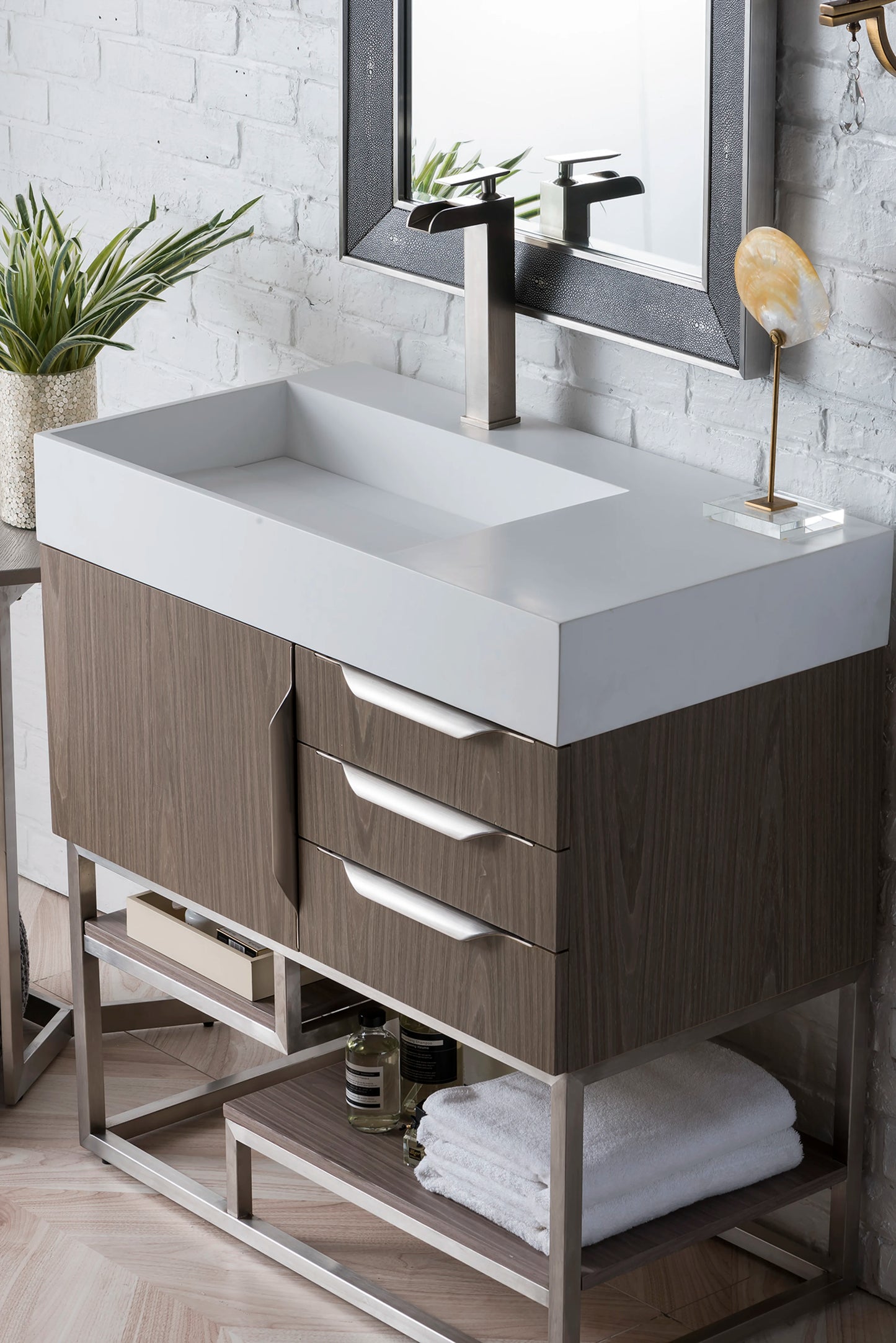 Renovate for Less Atlanta Columbia 36" Single Vanity, Ash Gray, Brushed Nickel w/ Glossy White Composite Stone Top, view 5