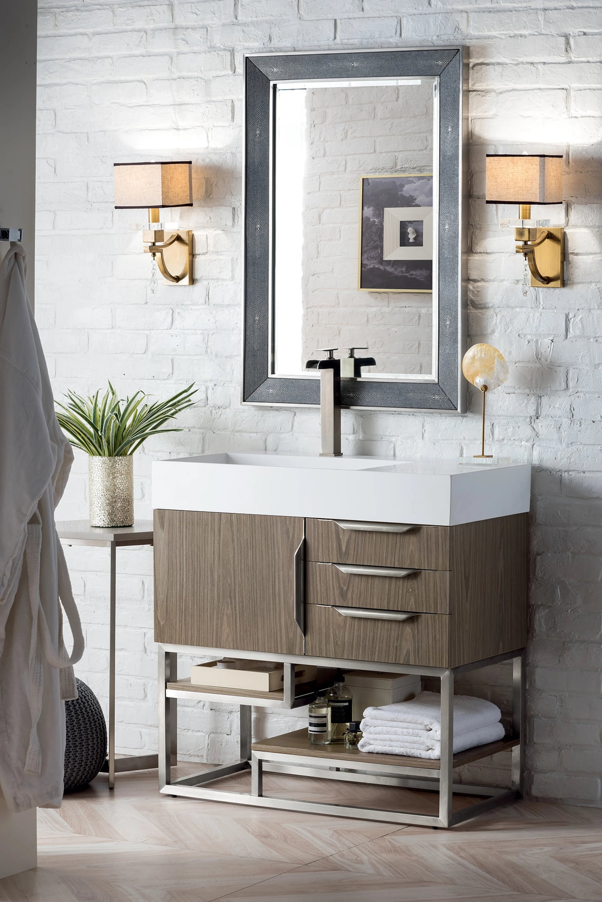 Renovate for Less Atlanta Columbia 36" Single Vanity, Ash Gray, Brushed Nickel w/ Glossy White Composite Stone Top, view 6