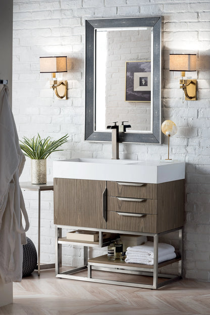 Renovate for Less Atlanta Columbia 36" Single Vanity, Ash Gray, Brushed Nickel w/ Glossy White Composite Stone Top, view 6