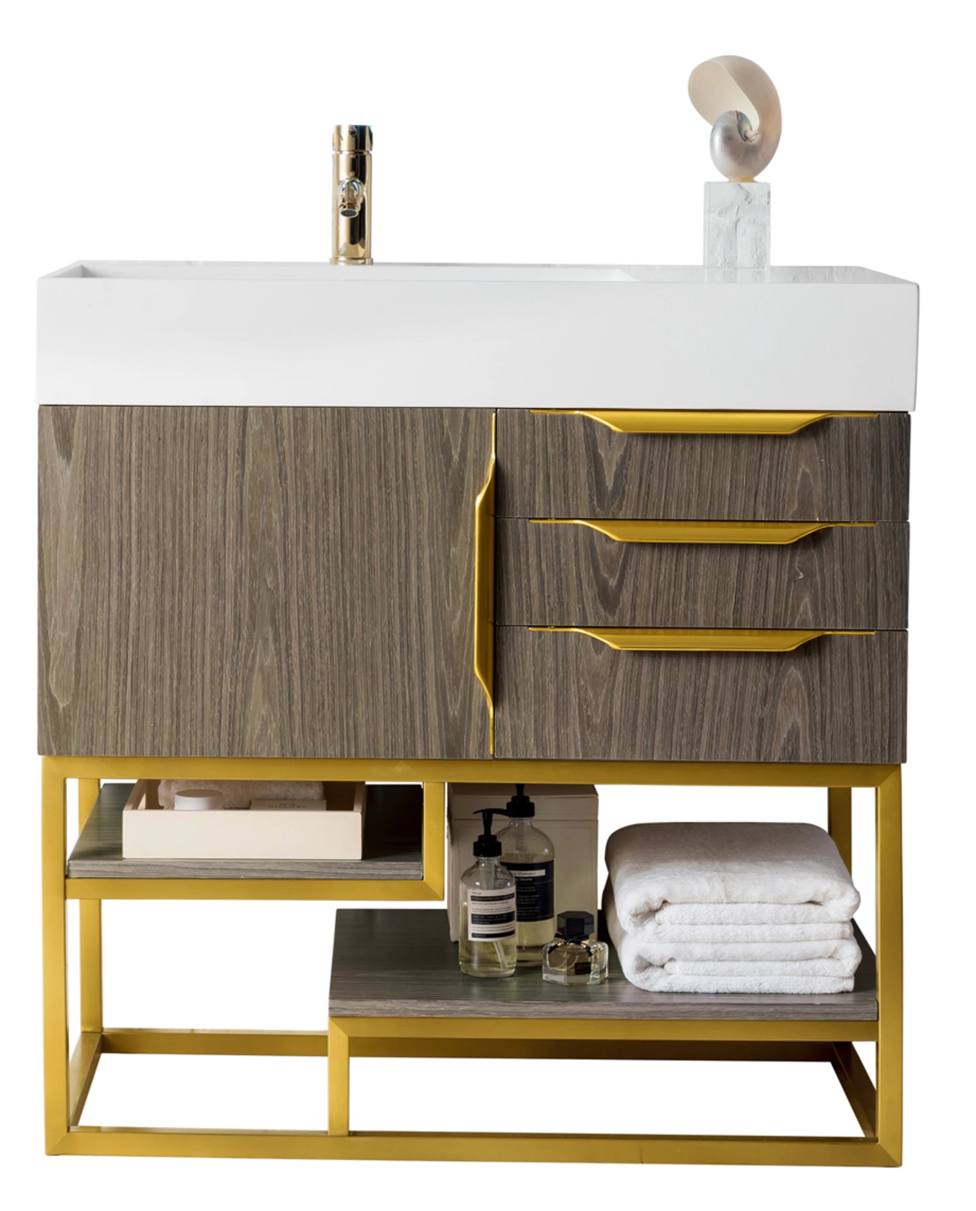 Renovate for Less Atlanta Columbia 36" Single Vanity, Ash Gray, Radiant Gold w/ Glossy White Composite Stone Top