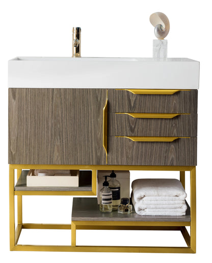 Renovate for Less Atlanta Columbia 36" Single Vanity, Ash Gray, Radiant Gold w/ Glossy White Composite Stone Top