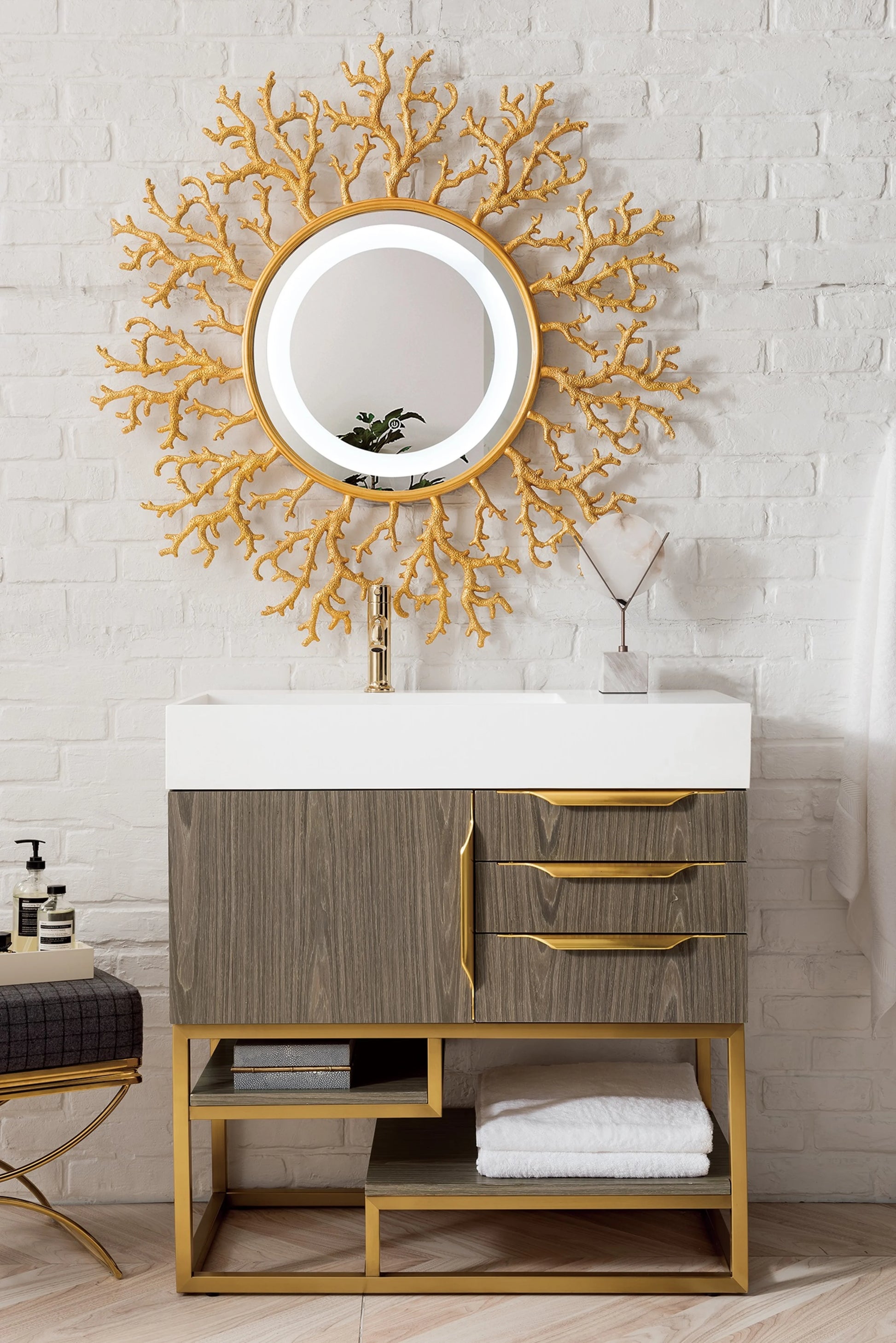 Renovate for Less Atlanta Columbia 36" Single Vanity, Ash Gray, Radiant Gold w/ Glossy White Composite Stone Top, view 2