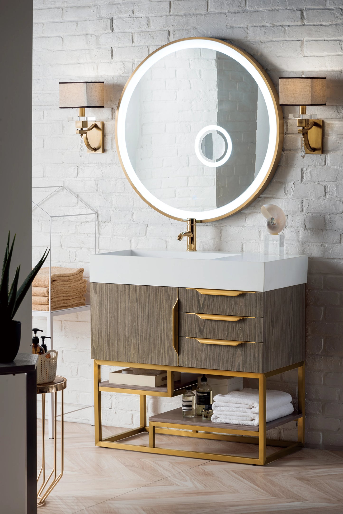 Renovate for Less Atlanta Columbia 36" Single Vanity, Ash Gray, Radiant Gold w/ Glossy White Composite Stone Top, view 3