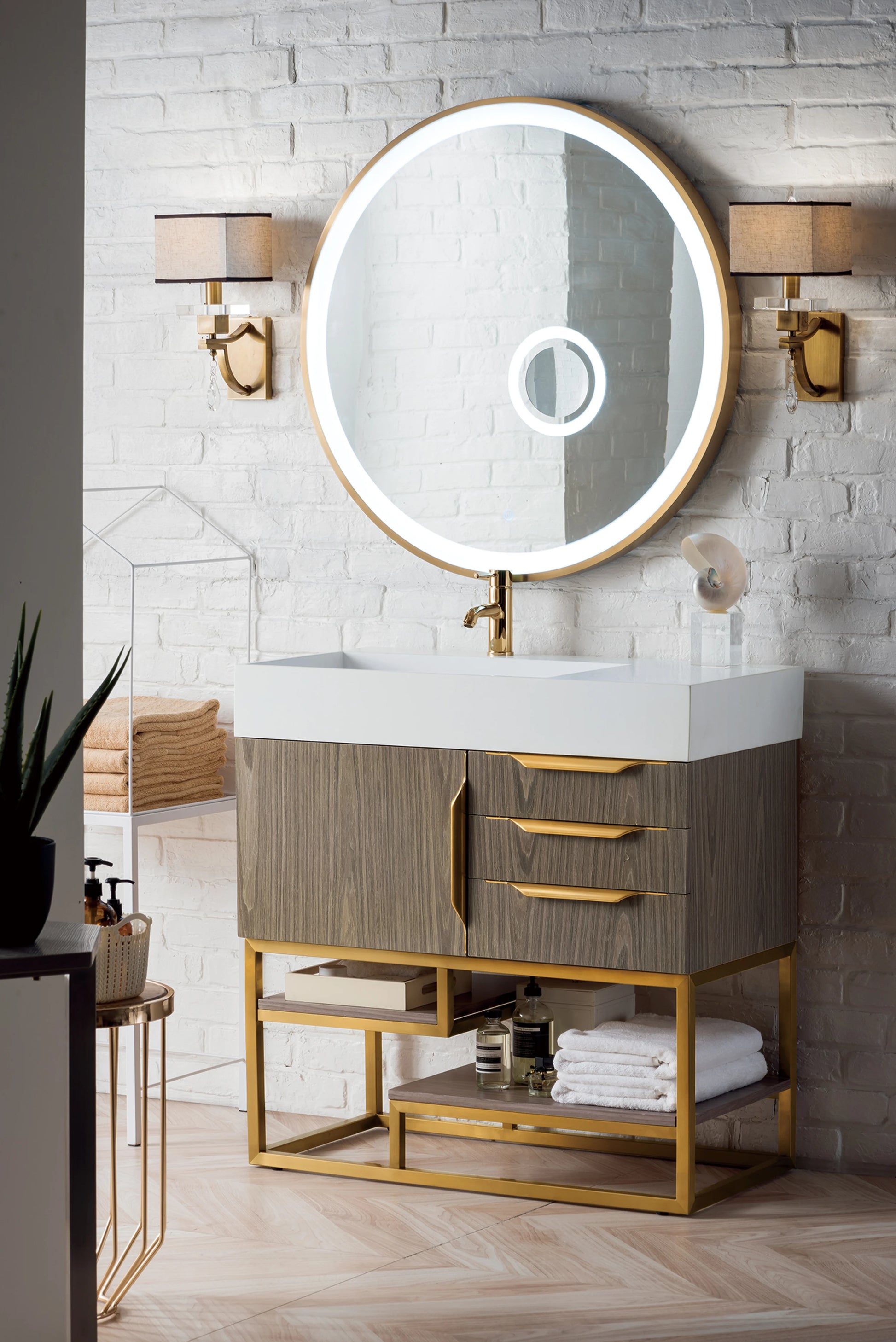 Renovate for Less Atlanta Columbia 36" Single Vanity, Ash Gray, Radiant Gold w/ Glossy White Composite Stone Top, view 3