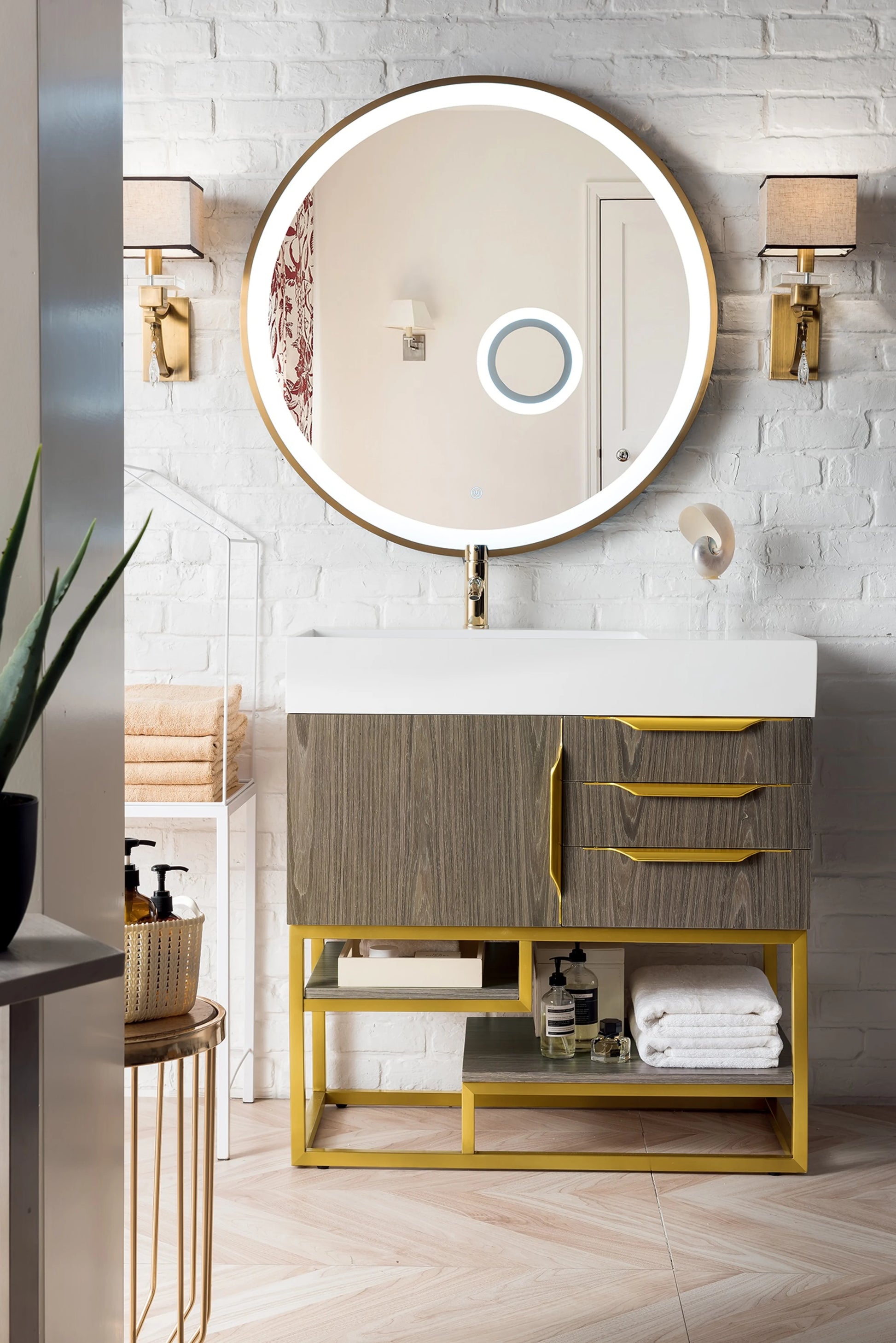 Renovate for Less Atlanta Columbia 36" Single Vanity, Ash Gray, Radiant Gold w/ Glossy White Composite Stone Top, view 5
