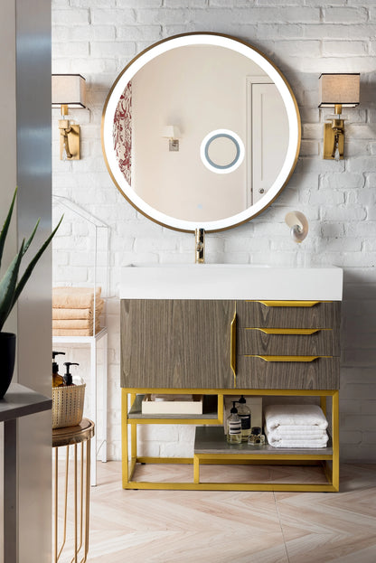 Renovate for Less Atlanta Columbia 36" Single Vanity, Ash Gray, Radiant Gold w/ Glossy White Composite Stone Top, view 5