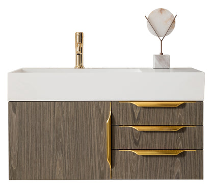 Renovate for Less Atlanta Columbia 36" Single Wall Mount Vanity, Ash Gray, Radiant Gold w/ Glossy White Composite Stone Top