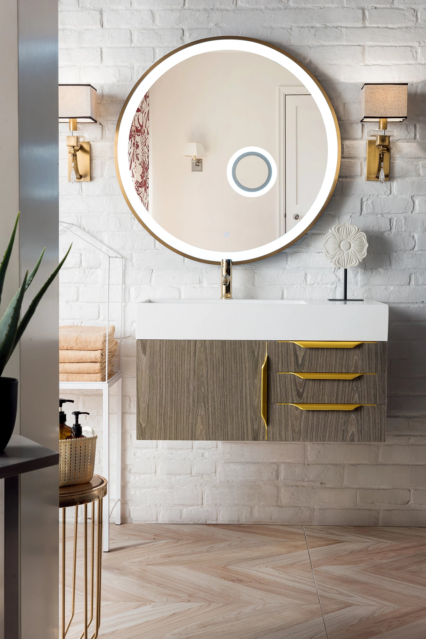 Renovate for Less Atlanta Columbia 36" Single Wall Mount Vanity, Ash Gray, Radiant Gold w/ Glossy White Composite Stone Top, view 2