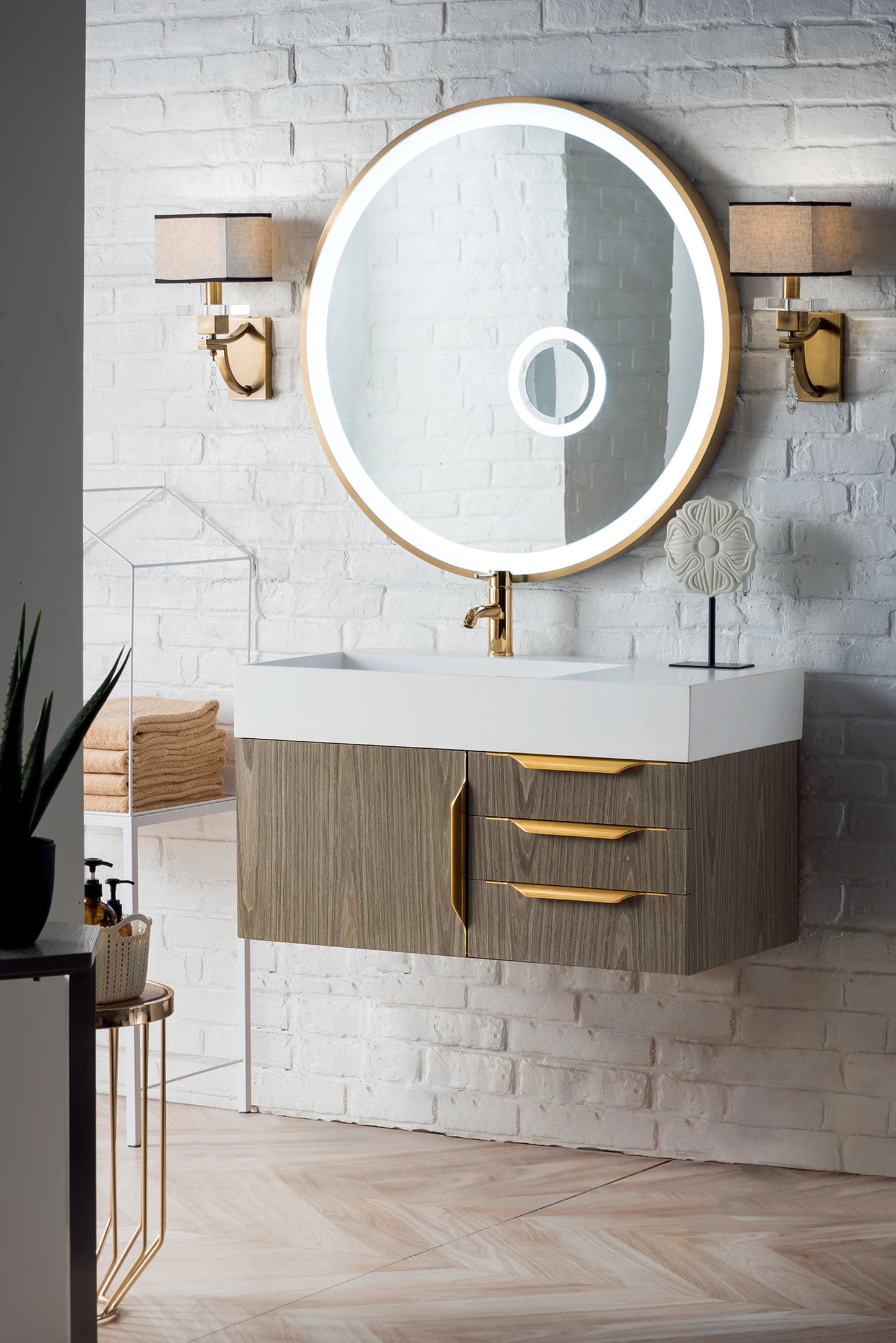 Renovate for Less Atlanta Columbia 36" Single Wall Mount Vanity, Ash Gray, Radiant Gold w/ Glossy White Composite Stone Top, view 3