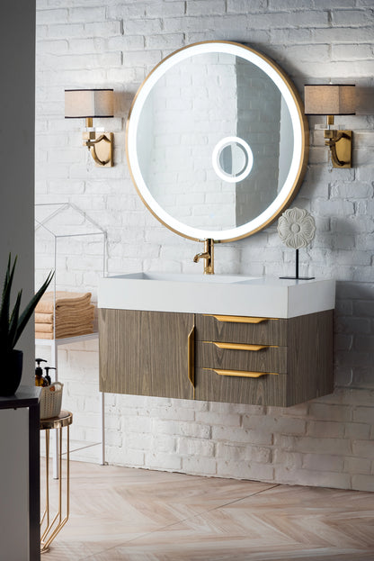 Renovate for Less Atlanta Columbia 36" Single Wall Mount Vanity, Ash Gray, Radiant Gold w/ Glossy White Composite Stone Top, view 3