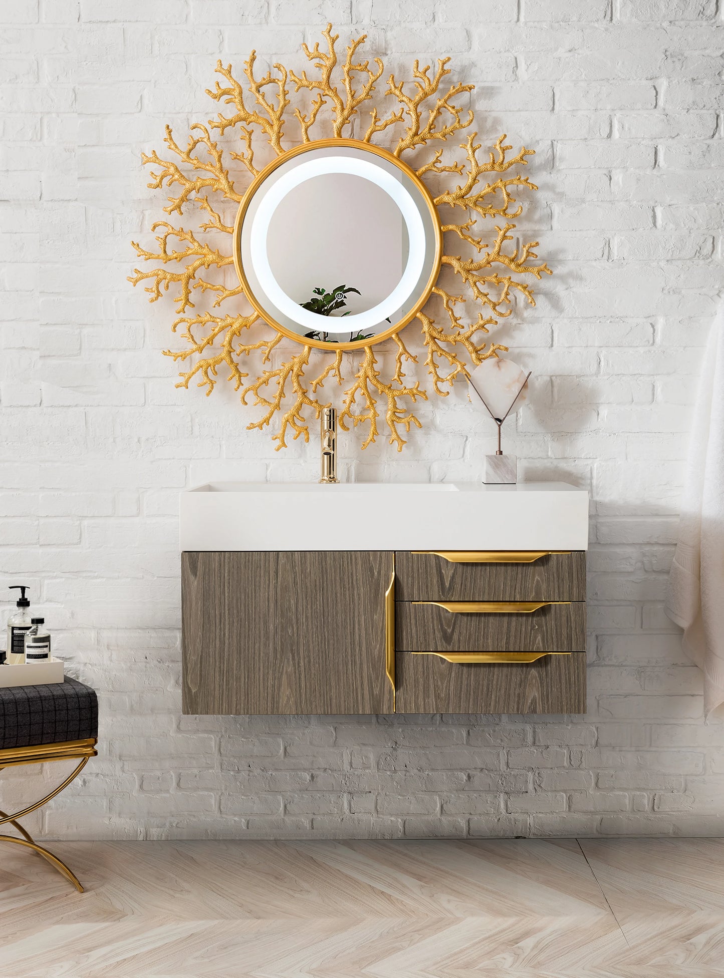 Renovate for Less Atlanta Columbia 36" Single Wall Mount Vanity, Ash Gray, Radiant Gold w/ Glossy White Composite Stone Top, view 4