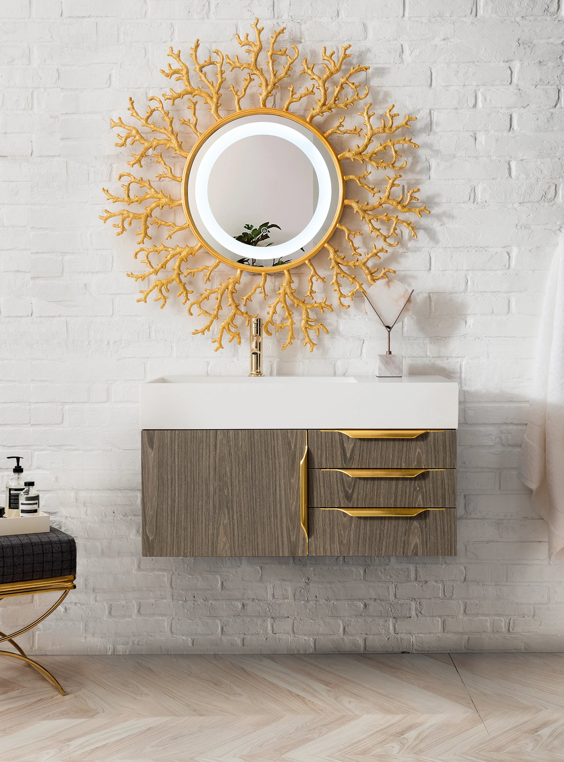 Renovate for Less Atlanta Columbia 36" Single Wall Mount Vanity, Ash Gray, Radiant Gold w/ Glossy White Composite Stone Top, view 4
