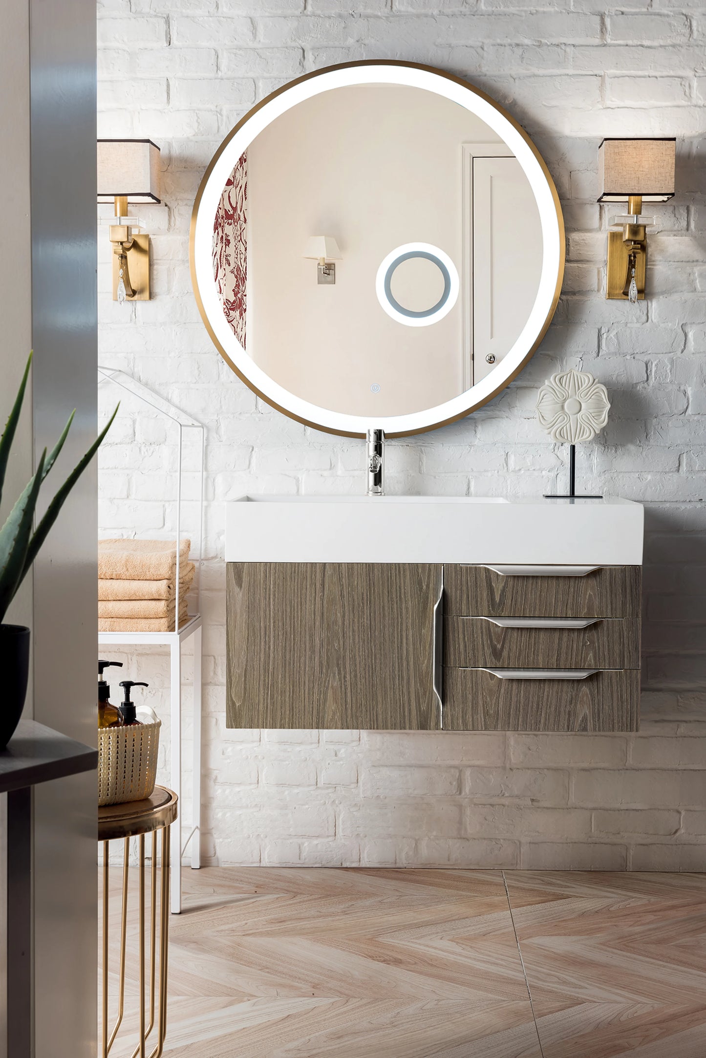Renovate for Less Atlanta Columbia 36" Single Wall Mount Vanity, Ash Gray, Brushed Nickel w/ Glossy White Composite Stone Top, view 2