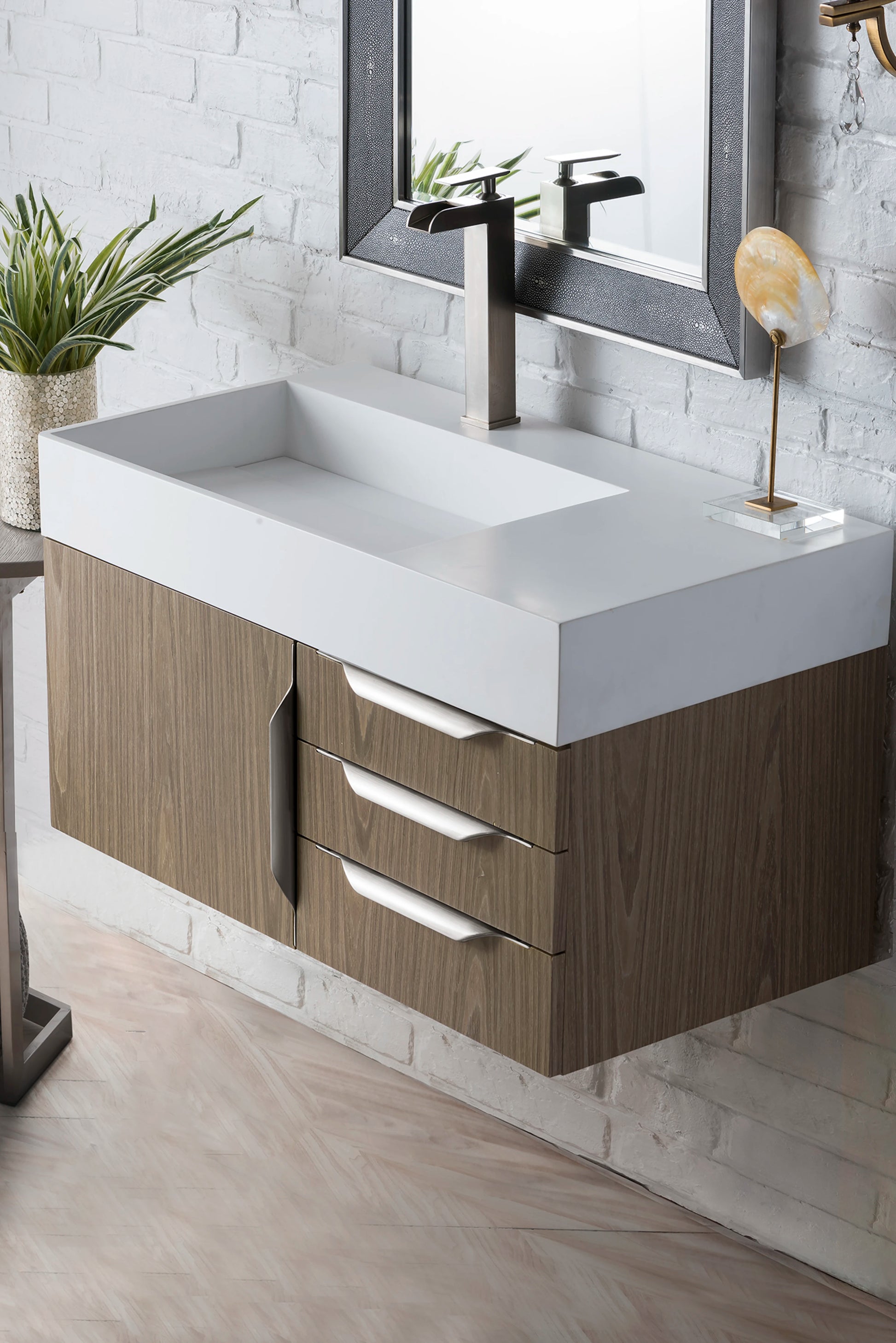 Renovate for Less Atlanta Columbia 36" Single Wall Mount Vanity, Ash Gray, Brushed Nickel w/ Glossy White Composite Stone Top, view 3