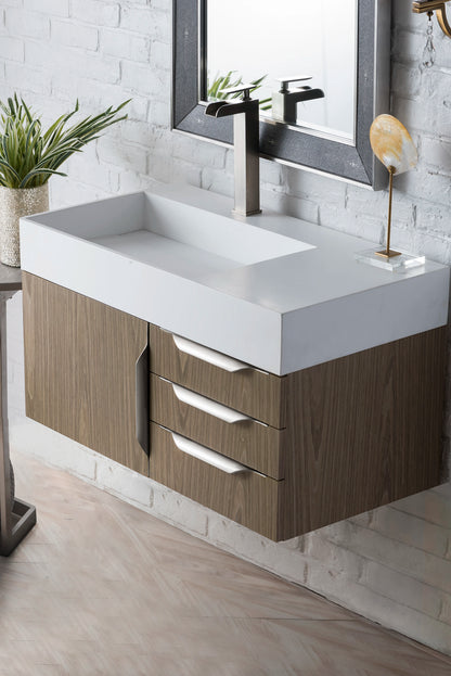 Renovate for Less Atlanta Columbia 36" Single Wall Mount Vanity, Ash Gray, Brushed Nickel w/ Glossy White Composite Stone Top, view 3