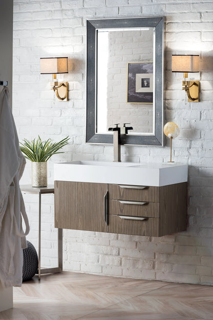 Renovate for Less Atlanta Columbia 36" Single Wall Mount Vanity, Ash Gray, Brushed Nickel w/ Glossy White Composite Stone Top, view 5