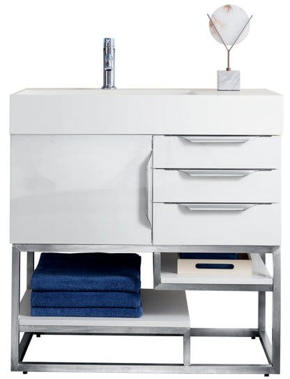 Renovate for Less Atlanta Columbia 36" Single Vanity, Glossy White, Brushed Nickel w/ Glossy White Composite Stone Top